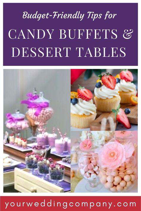 Budget-Friendly Tips for Candy Buffets & Dessert Tables Purple Dessert Tables, Wedding Buffet Table, Purple Desserts, Wedding Candy Table, Store Bought Snack, Dessert Buffet Table, Candy Tables, Taffy Candy, Candy Buffet Tables