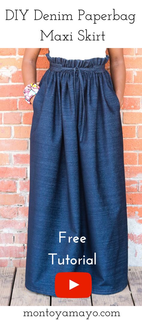 Denim Skirt, Paperbag Skirt, DIY Paperbag Maxi Skirt, Maxi Skirt, Denim Maxi Skirt Maxi Skirt With Belt, Belt Tutorial, Maxi Skirt Denim, Paperbag Skirt, Maxi Skirt Tutorial, Diy Maxi Skirt, Maxi Skirt Pattern, Visual Learner, Trash To Couture