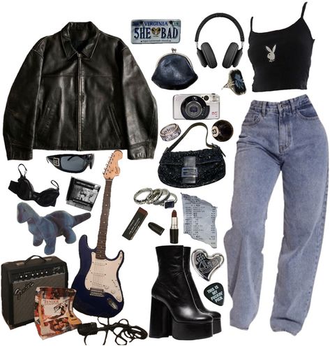 90s Rock Outfits Women, Concert Outfit Rock Grunge, Metallica Concert Outfit Ideas, Rockstar Girlfriend Outfit 90s, Grunge 80s Outfits, Grunge Jeans Outfit, Mum Jeans Outfit, Metallica Concert Outfit, Grunge Polyvore