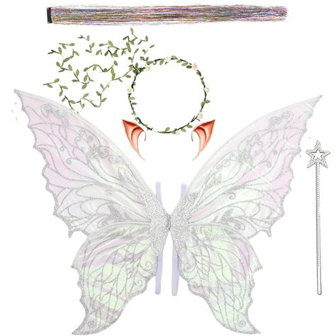 PRICES MAY VARY. organza Complete Fairy Ensemble: Each set includes a pair of fairy wings,fairy hair tinsel, a matching floral wreath, a fairy wand, and a pair of fairy ears, making it the perfect full fairy costume for enchanting adventures. Elegant Design: Our fairy wings boast a beautiful pattern with a fashionable appeal, complemented by a floral wreath, wand, and ears for a truly charming look. Lightweight and Comfortable: The wings are crafted from lightweight organza, ensuring they feel a Pixie Hollow Fairies Costumes, Baby Fairy Costume, Wings For Costume, Fairy Costume Accessories, Purple Fairy Costume, Fairy Costume Wings, Butterfly Fairy Costume, Fairy Costume Ideas, Fairy Hair Tinsel