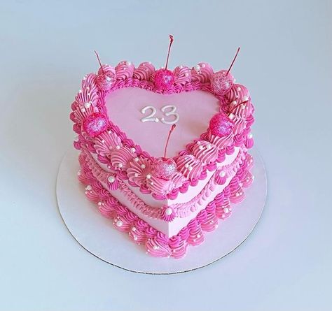 23 Heart Cake, Hot Pink Heart Shaped Cake, Hot Pink Bday Cake, 30th Birthday Heart Cake, Barbie Heart Cake, Pink Glitter Heart Cake, Vintage Barbie Cake, Barbie Cake Aesthetic, Pink Heart Shaped Cakes Birthday