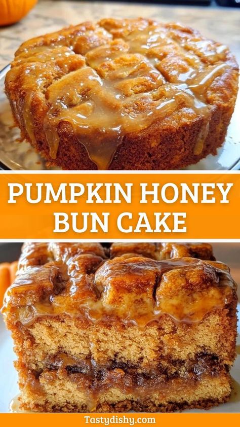 Experience the cozy flavors of fall with this Delicious Pumpkin Honey Bun Cake! This easy recipe combines moist pumpkin cake layers swirled with cinnamon and honey for a delightful twist on your favorite dessert. Perfect for sharing at gatherings or enjoying with a warm cup of coffee, this fall treat satisfies your sweet tooth and warms your heart. Don't miss out—save this pin and try making it today! 🍰✨ Honey Bun Coffee Cake, Honey Bun Pumpkin Cake, Pumpkin Moist Cake, Pumpkin Honeybun Cake, Pumpkin Cinnamon Cake, Pumpkin Baked Goods Recipes, Pumpkin Honey Bun Cake Recipe, Honey Spice Cake, Honey Flavored Desserts