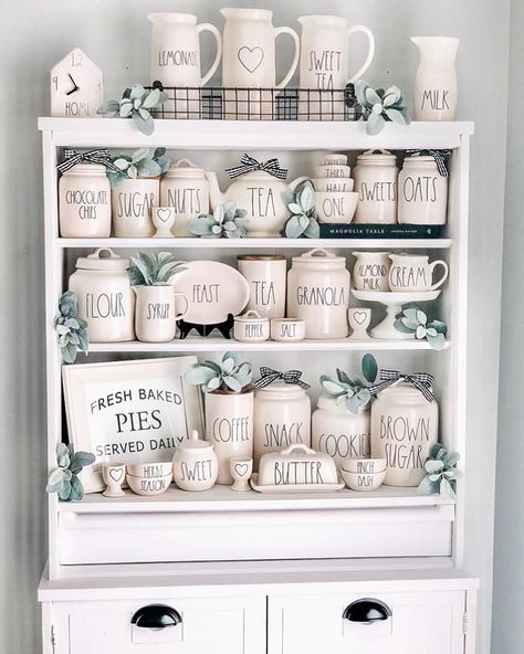 Rae Dunn Baking Display, Rae Dunn Display Cabinet, Decorating With Rae Dunn, Rae Dunn Cabinet Display, Rae Dunn Farmhouse Display, Rae Dunn Measuring Cups Display, Rae Dunn Kitchen Display, Hutch Cabinets In Kitchen, Rae Dunn Display Ideas