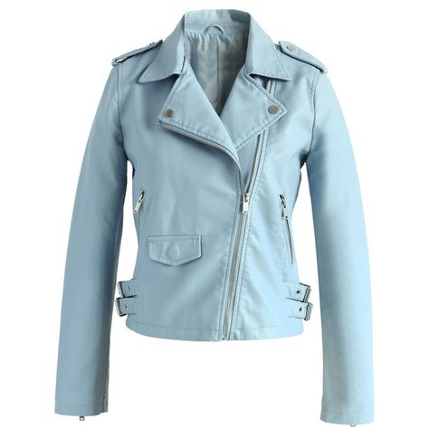 Chicwish Chicwish Faux Leather Biker Jacket in Pastel Blue ($65) ❤ liked on Polyvore featuring outerwear, jackets, blue, asymmetrical zip jacket, blue faux leather jacket, biker jackets, vegan moto jacket and motorcycle jacket Pastel Moto, Pastel Leather Jacket, Blue Biker Jacket, Doll Chateau, Pastel Leather, Fake Leather Jacket, Blue Motorcycle, Faux Leather Motorcycle Jacket, Womens Moto Jacket