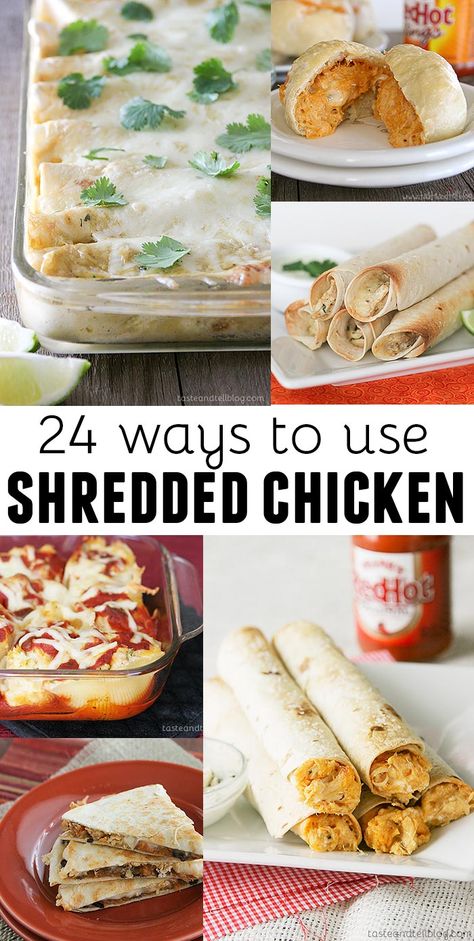 24 ways to use shredded chicken - a great timesaver for busy nights! You can make chicken ahead of time and freeze it, or you can use rotisserie chicken. Leftover Pulled Chicken, Use Shredded Chicken, Use Rotisserie Chicken, Pulled Chicken Recipes, Taste And Tell, Diy Easy Recipes, Shredded Chicken Recipes, Chicken Entrees, Pulled Chicken