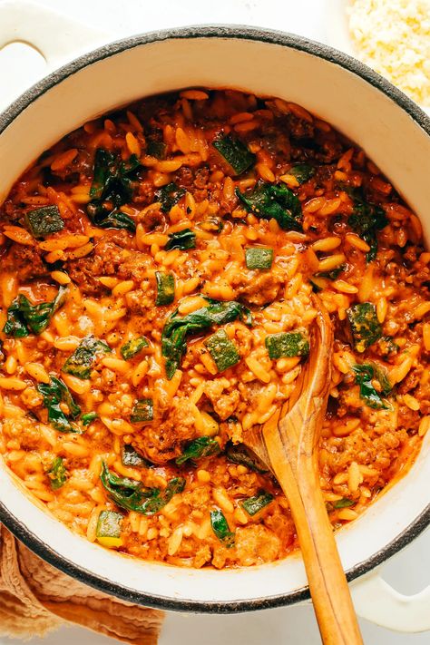 Italian Sausage Zucchini Orzo - Gimme Some Oven Fall Zucchini Recipes, Sausage Orzo Recipes, Zucchini Orzo, Sausage Orzo, One Pot Orzo, Pan Dishes, Orzo Recipe, Tomato Basil Sauce, Orzo Recipes