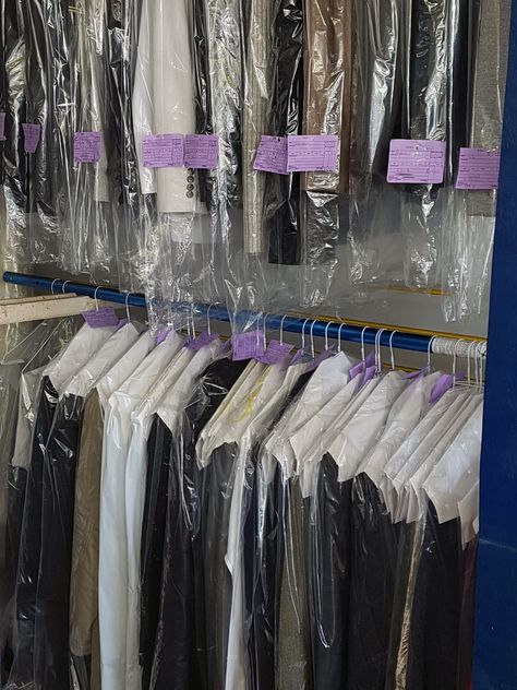 Dry Cleaners Aesthetic, Dry Cleaners Shop Design, Dry Cleaners Interior Design, Laundry Aesthetic, Dry Cleaning Clothes, Diy Lavanderia, Dry Cleaning Business, Diy Clothes Storage, Laundry Business