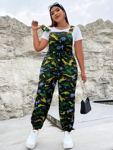 Multicolor Casual Collar Sleeveless Woven Fabric Dinosaur Overall Embellished Non-Stretch  Women Plus Clothing Fabric Dinosaur, Festival Fashion Outfit, Overall Outfit, Overall Jumpsuit, Movies Outfit, Plus Size Fashion For Women, Going Out Outfits, Gothic Lolita, Dinosaur Print