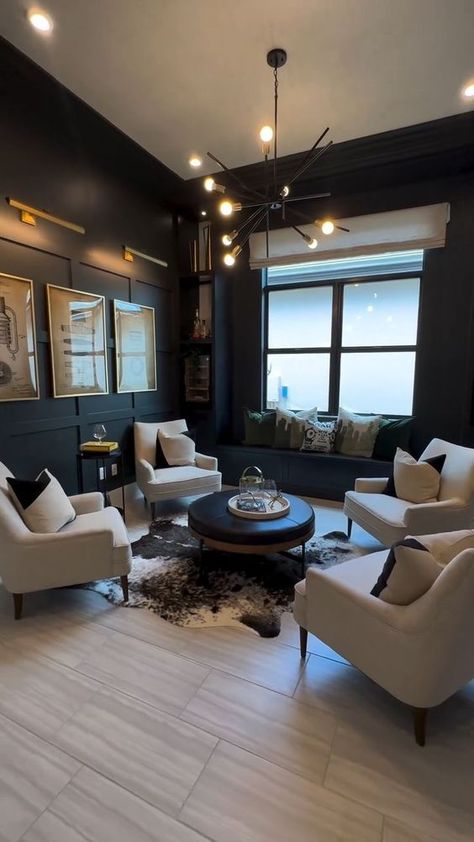 Sitting Room Lounge Ideas, Modern Sitting Room Ideas Lounges, Black Wall Wainscoting, Cocktail Seating Area Living Rooms, Basement Conversation Area, Whiskey Lounge Room, Moody Conversation Room, Contemporary Sitting Room Ideas, Men’s Lounge Room