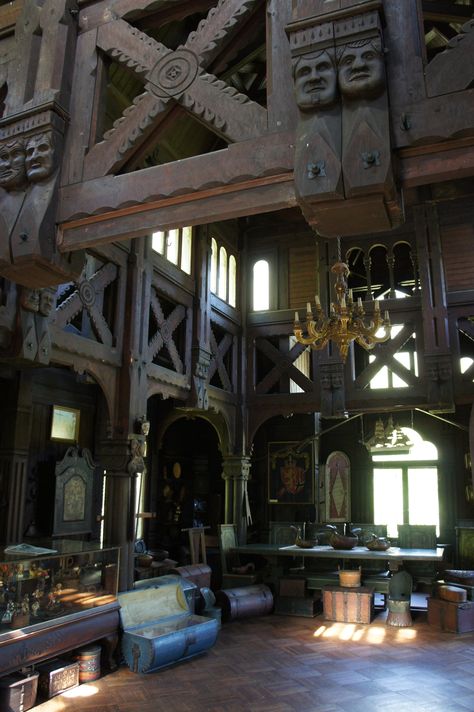 The interior of a 117 yr old Wisconsin replica of a Norwegian Stave church Viking Interior Design, Norwegian Houses, Norwegian Interior Design, Pavilion Interior, Norwegian Village, Architecture Replica, Tudor Exterior, Norwegian Interior, Viking Hall