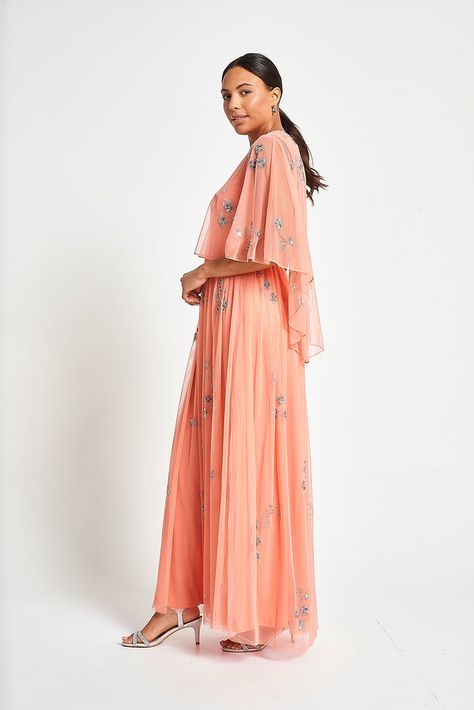 Amarilis Coral Embellished Cape Detail Maxi Dress – Frock and Frill Cape Dresses, Flowing Gown, Frock And Frill, Dresses Date Night, Embellished Maxi Dress, White Long Sleeve Dress, Long White Dress, Bride Clothes, Cape Dress