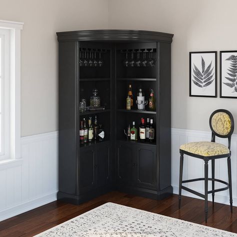 Corner Bar Ideas For Home, Black Corner Cabinet, Corner Bar Furniture, Corner Liquor Cabinet, Corner Bar Ideas, Corner Home Bar, Black Bar Cabinet, Tall Bar Cabinet, Corner Bar Cabinet