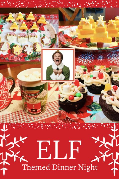 Elf Themed Dinner Night and Menu Elf Night Ideas, Buddy The Elf Dinner Ideas, Elf Dinner Party, Elf Themed Breakfast, Holiday Themed Movie Night, Elf Movie Menu Ideas, Elf Dinner Ideas, Family Fun Night Food Ideas, Elf Dinner Menu Ideas