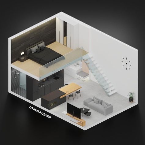 Isometric Interior Design, Loft Apartment Layout, Small Loft House, Isometric Interior, Small Loft Apartment, Small Loft Apartments, Loft Layout, Isometric Room, Tiny Loft