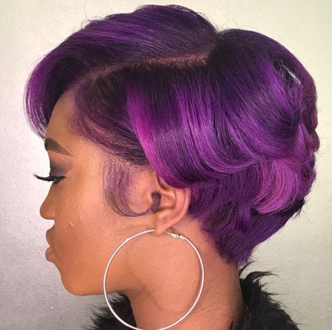 Pixie Haircut Purple, Purple Hair For Black Women, Purple Short Hair Black Women, Purple Bob Black Women, Purple Hair On Black Women, Purple Hair On Dark Skin, Purple Pixie Cut, Coiling Natural Hair, Curly Hair Pieces