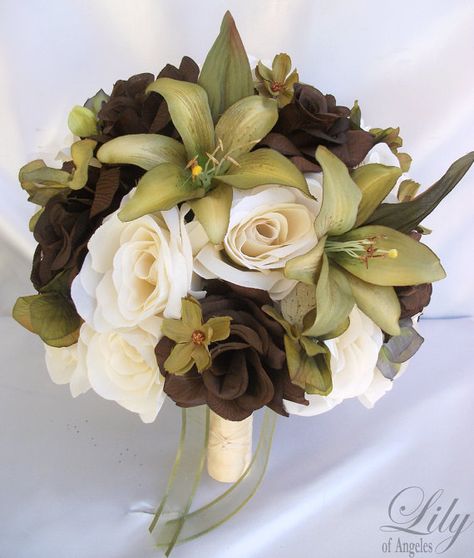 17 Pieces Package Silk Flower Wedding Decoration by LilyOfAngeles Brown Bouquet, Olive Green Weddings, Wedding Flower Packages, Silk Flower Bouquets, Sage Green Wedding, Ivory Roses, Silk Flowers Wedding, Wedding Flower Decorations, Flower Packaging