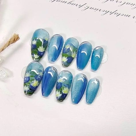 Water Lilies Oil Painting Style Press on Nailsles Nympheas Reusable Nailspure Hand-painted Nailsflower Sea Nailskawaii Design Nailscharm - Etsy Lilies Oil Painting, Sea Nails, Kawaii Design, Nail Sizes, Nail Paint, Flower Nails, Water Lilies, Painting Style, Gel Nail Polish