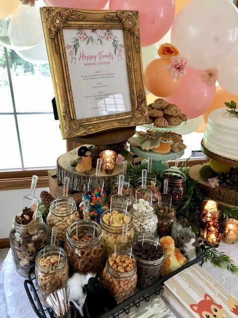 Trail Mix Wedding Bar, Trail Mix Bar Make Your Own Wedding, Trail Mix Display, Boho Snack Bar, Baby Shower Trail Mix Favors, Trailmix Bar Wedding, Wedding Chex Mix Bar, Sweet And Salty Snack Bar Wedding, Happy Trails Trail Mix Party Favor