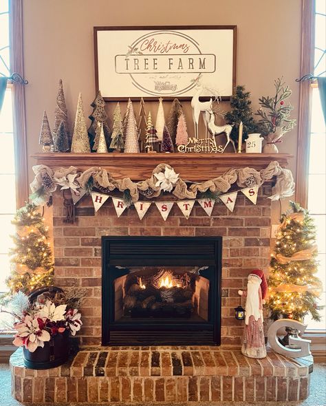 Christmas Trees On Mantle, Christmas Mantle Decor, Christmas Mantel, Christmas Mantle, Christmas Fireplace, Christmas Mantels, Xmas Decor, Mini Christmas Tree, Christmas Tree Farm