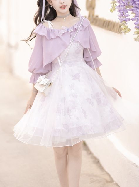 Kawaii Dress Aesthetic, Kawaii Purple Dress, Dear My Love Clothes, Cute Purple Outfits Aesthetic, Cute Outfits Purple, Purple Coquette Outfit, Light Purple Dress Short, Princess Casual Outfits, Delicate Sweet Aesthetic