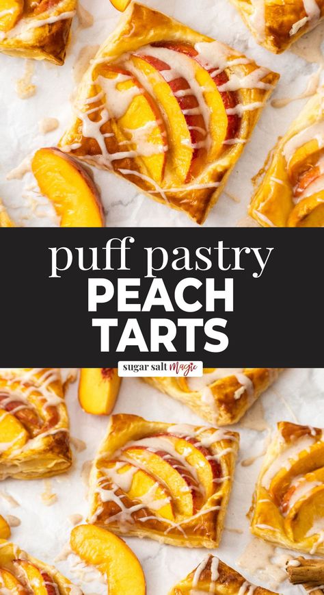 These puff pastry peach tarts are summery, sweet simplicity, only taking 15 minutes of effort from you. Golden, flaky pastry topped with slices of fresh peach make a great snack or indulgent dessert. Sweet, juicy peaches, vanilla and cinnamon over buttery, flaky pastry. Fuss-free but amazing flavour. Not too sweet, they’re light and perfect for warmer weather. Store-bought puff pastry makes these super quick! These mini peach galettes are the perfect, quick and easy to make summer dessert. Dessert Using Puff Pastry, Peaches Puff Pastry Desserts, Peach Tarts, Puff Pastry Peach Recipes, Summer Pastries, Peach Pastry Recipes, Fresh Peach Puff Pastry Recipes, Peach Pastry, Peach Puff Pastry Desserts