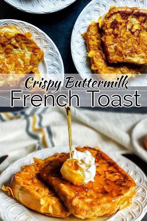 This is the BEST Crispy French Toast Recipe for breakfast and brunch! Featuring cinnamon, buttermilk and cornflakes making it unique, easy and delicious. This homemade crunchy french toast is a twist on a classic that you will love! Add your favorite toppings like whipped cream, maple syrup, strawberries, blueberries or your own for the perfect finish! #breakfast #frenchtoast #best #brunch #crunchyfrenchtoast #video Buttermilk French Toast, Recipe With Buttermilk, Crispy French Toast, Flannel Party, Healthy French Toast Recipe, Awesome French Toast Recipe, Open Sandwich, Cook Breakfast, Toast Pizza