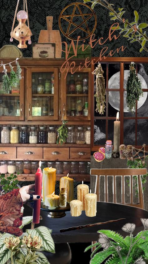 #witchkitchen #witchskitchen #kitchen #witch #kitchenwitch Cottage Witch Aesthetic Kitchen, Witches Kitchen Inspiration, Practical Magic Kitchen Inspiration, Witch Kitchen Aesthetic, Kitchen Witch Decor, Cottage Witch Aesthetic, Kitchen Halloween, Witches Kitchen, Witch Kitchen