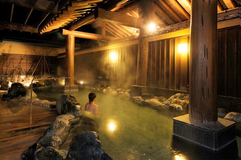 Hot spring and sauna | Fujiyama Onsen Japanese Hot Springs Indoor, Indoor Hot Spring, Japanese Sauna Design, Japanese Hot Springs Aesthetic, Japanese Sauna Aesthetic, Japanese Onsen Design, Backyard Onsen, Japanese Onsen Aesthetic, Hot Spring Aesthetic