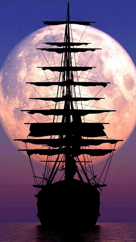 Black Pearl Ship, Water Moon, Pirate Ship Art, Pearl Wallpaper, Painting School, Boat Wallpaper, Calm Sea, Moon Silhouette, Old Sailing Ships