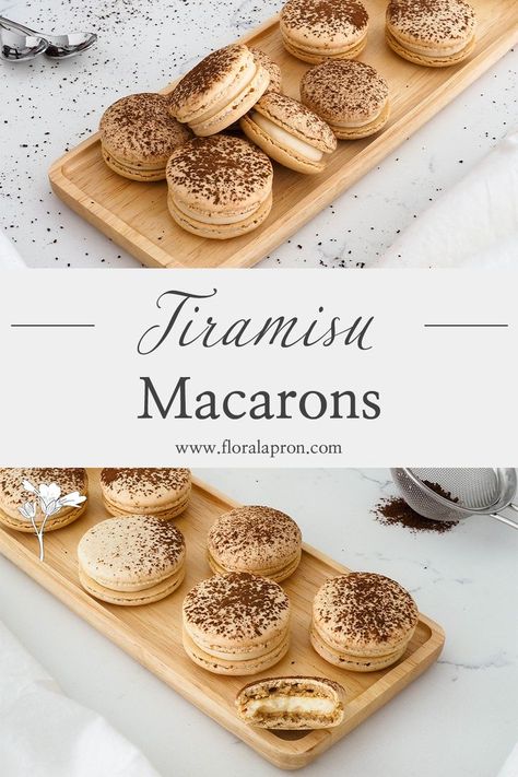 A platter of tiramisu macarons, with one angled to face the camera. One is bitten in half, showing the off-white mascarpone filling. New Years Macaron Flavors, Tiramisu Macarons Recipe, Coconut Cream Pie Macarons, Mascarpone Filling Recipes, Gothic Macarons, Christmas Flavors Desserts, Thanksgiving Macaron Flavors, Swiss Macarons Recipe, Macaroons Filling Recipe