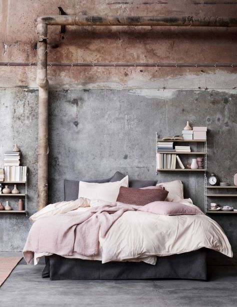 Rustic Modern Bedroom :: Featured on House of Valentina Industrial Bedroom Design, Industri Modern, String Pocket, Interior Design Minimalist, Concrete Walls, Industrial Bedroom, Soho House, Bedroom Styles, Small Bedroom