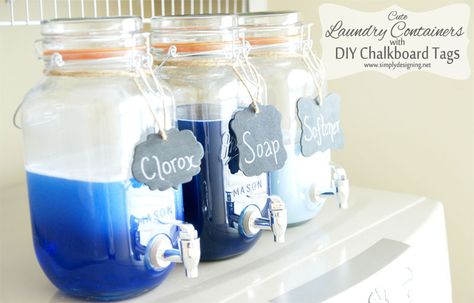 You might be devoted to your products, but we bet you don't love their ugly bottles. Decant liquids into helpful dispensers (just keep them away from kids, and remember to measure!). Get the tutorial at Simply Designing »  - GoodHousekeeping.com Diy Lavanderia, Laundry Soap Container, Diy Soap Dispenser, Laundry Room Storage Cabinet, Dispenser Ideas, Laundry Soap Dispenser, Soap Dispenser Diy, Laundry Detergent Dispenser, Dispenser Diy