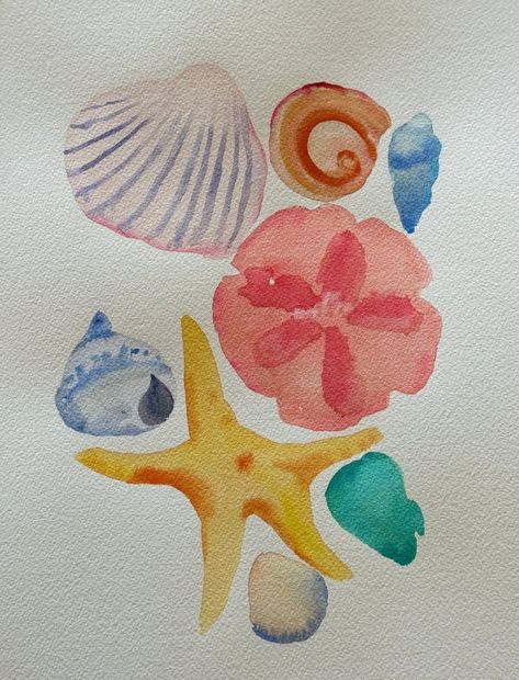 Sea Collection Coral Sand Dollar | 12” h x 9” w - Liza Pruitt Watercolor Sea Turtle Easy, Watercolor Cool Ideas, Pretty Small Paintings, Color That Goes With Pink, Painted Hermit Crab Shells, Watercolor Painting Inspo Easy, Art Prints Watercolor, Groovy Watercolor Art, Color Ways Inspiration