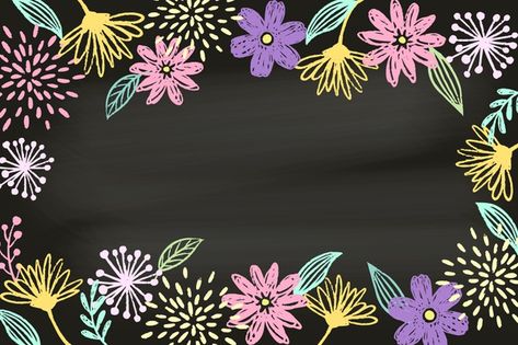 Drawing with flowers on blackboard wallp... | Free Vector #Freepik #freevector #background #floral #flowers #design Easy Chalkboard Flowers, Chalk Floral Art, Chalk Flower Art, Board Chalk Design, Decorating Chalkboard Ideas, Floral Boarder Drawing, Chalkboard Art For Classroom, Chalk Flowers Drawing, Blackboard Border Designs