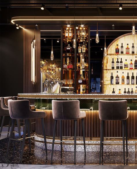 Sophisticated grey velvet bar chairs in the middle of a breathtaking restaurant lounge interior. Home Bar Designs Luxury, Hotel Bar Design, Bar Lounge Room, Bar Lounge Design, Bar Counter Design, Modern Home Bar, Lounge Interiors, Bar Interior Design, Luxury Bar