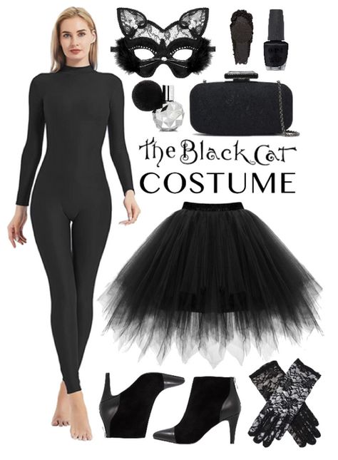 Woman Black Cat Costume, Women’s Black Cat Costume, Women’s Cat Costume Diy, Womens Black Cat Costume, Black Cat Diy Costume, Diy Cat Costume Women Outfits, Adult Cat Costume For Women Diy, Cat Girl Halloween Costume, Cat Costume Diy Women's