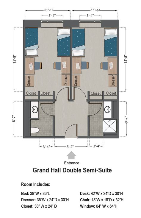 Grand Hall Double Semi-Suite, Four Person Student Dormitory Room Ideas, Four Person Bedroom, Dorm Plan Layout, 2 Person Dorm Room Layout, 2 Person Dorm Room, Shared Room Layout, Dormitory Room Design, Dormitory Layout, Dorm Room Layout Double