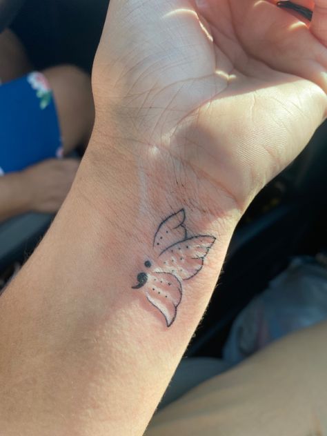 Dragon Fly Semi Colon, Creative Semi Colon Tattoos For Women, Tattoo Ideas Female Semi Colon, Semi Collen Tattoo, Colon Butterfly Tattoo, Butterfly Tattoo With Semi Colon, Semi-colon Butterfly Tattoo, Butterfly Semicolon Tattoo, Semi Colon Butterfly