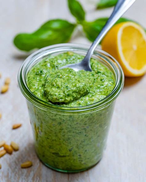 Homemade Pesto Sauce Recipe with Basil | Healthy Fitness Meals Walnut Pesto Recipe, Vegan Pesto Sauce, Vegan Pesto Recipe, Basil Pesto Recipe, Pesto Sauce Recipe, Homemade Pesto Recipe, Homemade Pesto Sauce, Basil Pesto Recipes, Walnut Pesto