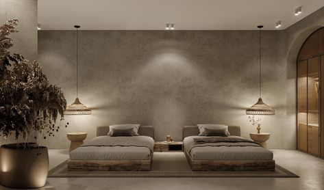 Wabi Sabi Style Hotel Room on Behance Hotel Bedroom Design Master Suite, Wabi Sabi Room, Wabi Sabi Bedroom Design, Bedroom Wabi Sabi, Aesthetic Bedroom Design, Wabi Sabi Bedroom, Wabi Sabi House, Comfy Living Room Decor, Decor Bedroom Ideas