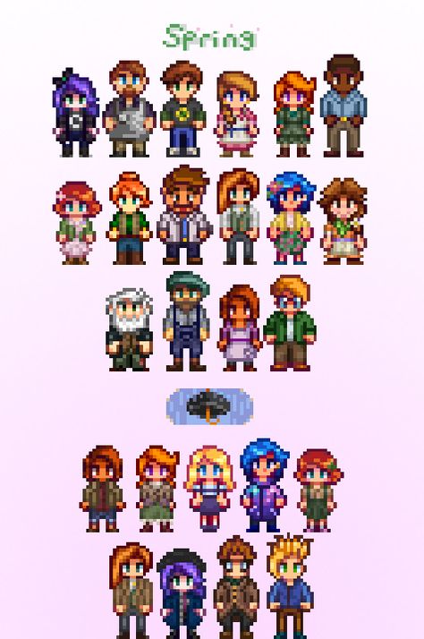 Seasonal Outfits by Tanpoponoko Stardew Perler, Pixel Character, Stardew Valley Tips, Stardew Valley Fanart, Seasonal Outfits, Pixel Characters, Horse Games, Pixel Art Tutorial, 8bit Art