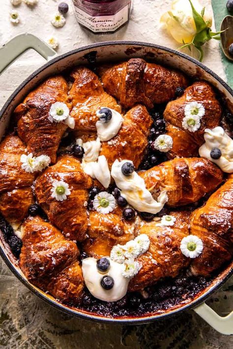 Blueberry Croissant French Toast Bake. (Half Baked Harvest) Eggnog Croissant French Toast Half Baked Harvest, Half Baked Harvest Blueberry, French Toast Half Baked Harvest, Blueberry Croissant French Toast, Croissant French Toast Bake, Blueberry Croissant, Croissant French Toast, Make Ahead Brunch, Summer Eats