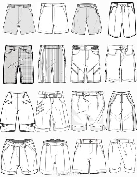 Mens Outfits Illustration, Clothing Technical Drawing, Short Pants Drawing Reference, Fashion Illustration Sketches Men, Drawing Men Clothes, Shorts Drawing Reference Male, Clothes Drawing Men, Mens Clothing Design Sketches, How To Draw Clothes Fashion Design