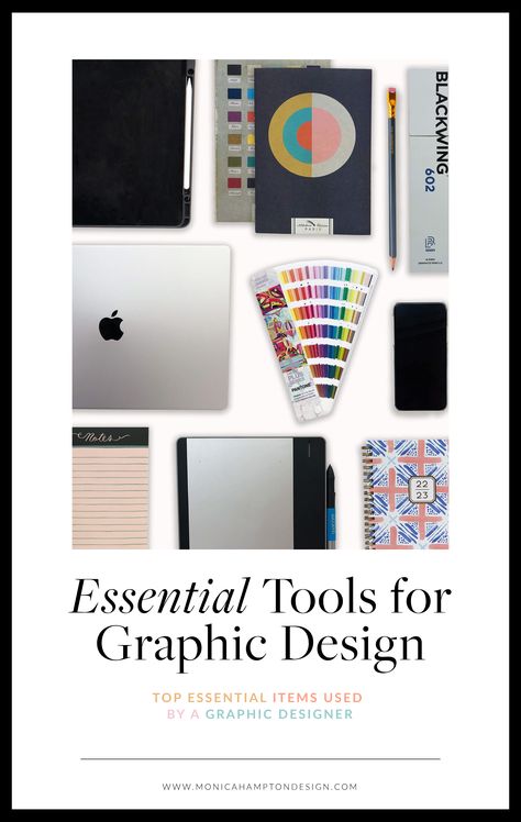 Learn what kind of tools a graphic designer uses on a (mostly) day-by-day basis to create a variety of digital art. Take a peek inside my designer toolbox and discover a few tips and tricks. Click through to read the blog post! Graphic Designer Essentials, Graphic Design Must Haves, Graphic Design Essentials, Graphic Design For Products, Graphic Design Tips And Tricks, Monogram Tattoo, Postcard Mockup, Lake Photoshoot, Branding Tools