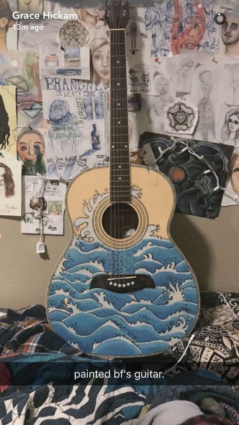 DIY ocean guitar painting Diy Guitar Design, Painted Guitar Aesthetic, How To Paint Guitar, Paintings On Guitars, Paint Guitar Diy, Guitar Ideas Design, Acoustic Guitar Painting Ideas, Painting Guitar Ideas, Painting On A Guitar