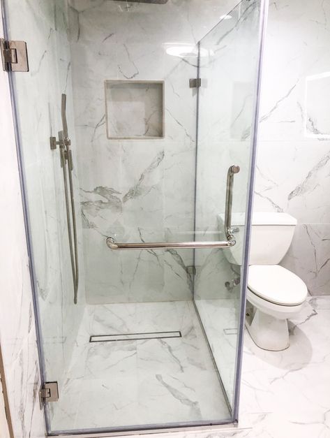 Tile pattern for shower base using large porcelain format - Home Improvement Stack Exchange Large Shower Floor Tile, Walk In Shower Large Tile, Large Porcelain Shower Tiles, Large Format Tile Shower Wall, Large Shower Tile, Blue Shower Tile, Large Tiles, Gray Tile, Shower Wall Tile