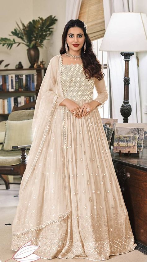 Every time you dress up in this trendy salwar kameez in cream colour georgette, heads will turn. (1 Top / 1 Bottom / 1 Dupatta) Georgette Anarkali Suits, Georgette Anarkali, Designer Anarkali Suits, Cream Color Dress, Traditional Indian Jewellery, Salwar Dress, Designer Anarkali, Utsav Fashion, Anarkali Gown