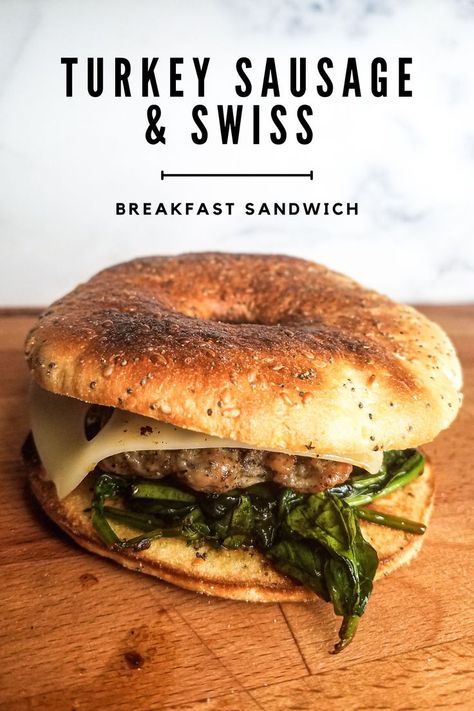 Get rid of boring mornings with this turkey sausage, swiss, and spinach breakfast bagel. Meal prep ahead so that all you have to do is toast your bagel in the morning and reheat your sausage and veggies. So many of us wonder how to get all the servings of vegetables that we need in a day. You don't have to have a salad for breakfast. Sauteed vegetables pair great with all your breakfast ideas including this turkey sausage bagel sandwich. High protein and full of flavor. Easy to eat on the go. Turkey Sausage Sandwich, Sausage Bagel Sandwich, Bagel Breakfast Sandwich Sausage, Turkey Sausage Breakfast Sandwich, Breakfast Bagel Meal Prep, High Protein Breakfast Bagel, Turkey Breakfast Ideas, Sausage Lunch Ideas, Bagel Meal Prep