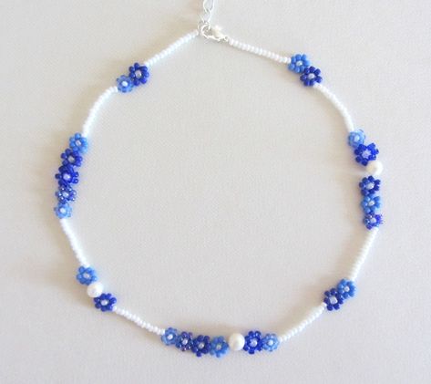 Purple Seed Bead Necklace, Blue And White Beaded Necklace, Blue Seed Bead Necklace, Blue And White Necklace, Daisy Chain Necklace, Flower Beaded Necklace, Blue Pearl Necklace, Beaded Flower Necklace, Summer Necklaces