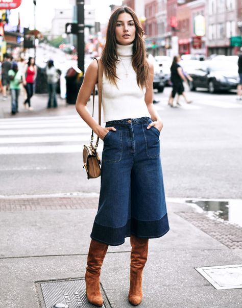 Rock Chic Style, How To Wear Culottes, Denim Culottes, Look Jean, Lily Aldridge, Double Denim, Inspired Outfits, Trend Fashion, 가을 패션